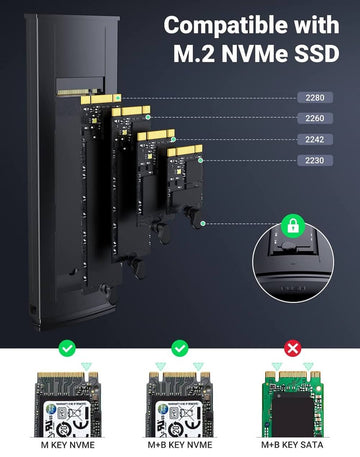 UGREEN M.2 NVMe SSD Enclosure, Tool-Free 10Gbps M2 SSD Enclosure with USB 3.2 Gen2, Supports M & B&M Keys & Size in 2230/2242/2260/2280 SSDs - Imported from UK